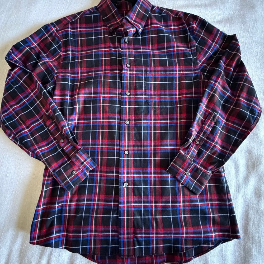 Jos. A. Bank Shirt Mens M Red Blue Plaid Tailored Long Sleeve Button Down Casual